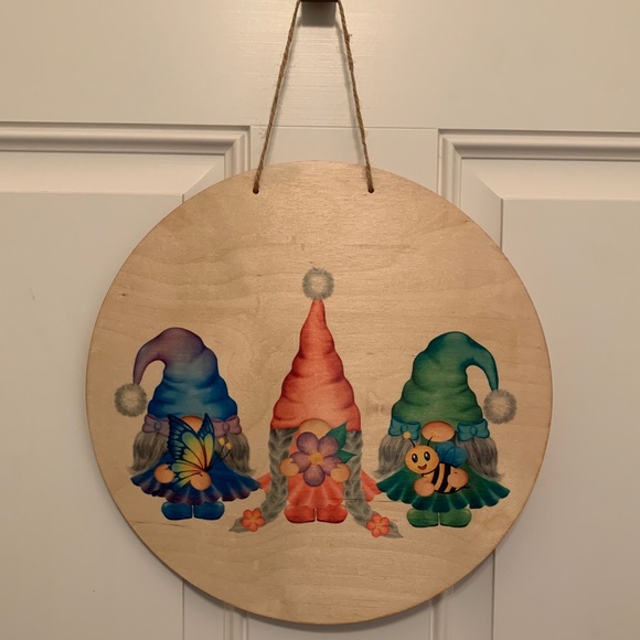 Wall Decor 12" Thin Birch Wood Round Handmade Gnome Spring Wall Art Door Hanging - Picture 2 of 5